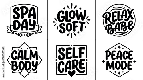 Handwritten phrase spa day glow soft relax babe calm body self care peace mode vector art