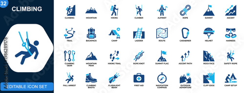 Climbing icons collection, mountain hiking, alpinist, climber, rope, summit, ascent, expedition gear. Solid icons collection. Vector.