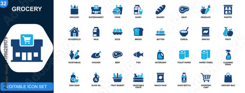 Grocery icon set, supermarket food items, dairy, bakery, meat, pantry, cleaning supplies, household essentials. Solid icons collection. Vector.