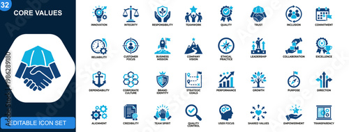Core values icon set, innovation, integrity, responsibility, teamwork, quality, trust, inclusion, customer focus, business mission and goals. Solid icons collection. Vector.