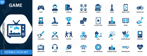 Game icon set, gaming, player, console, multiplayer, casino, chess, mobile, life bar, points, controller, arcade. Solid icons collection. Vector.