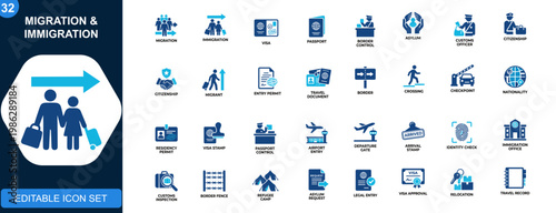 Migration and immigration icon set, visa, passport, border control, refugee, asylum, citizenship, customs officer, travel entry regulations. Solid icons collection. Vector.
