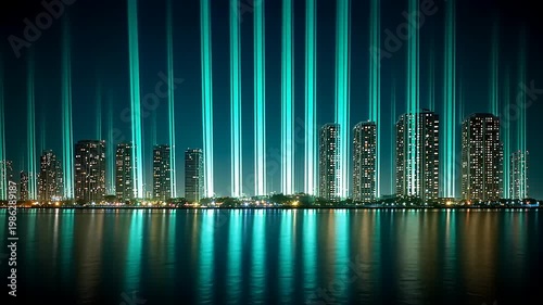 City skyline with vibrant light beams.