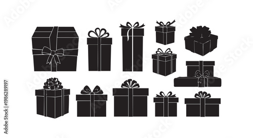 Gift box silhouettes collection wrapped present cases with bows and ribbons for holiday celebration isolated on white set.
