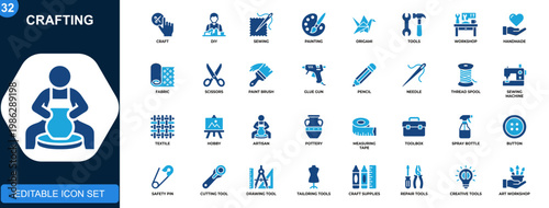 Crafting icon set, DIY tools, sewing, painting, origami, workshop equipment, handmade supplies. Solid icons collection. Vector.