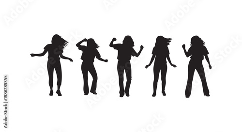 Group of dancing women silhouettes isolated on white background, energetic and joyful movement.
