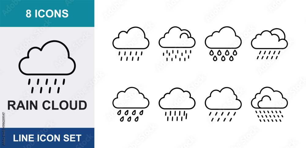Fototapeta premium 8 Rain cloud linear icons raindrops, storm, weather forecast, sun, shower, UI and web interface design