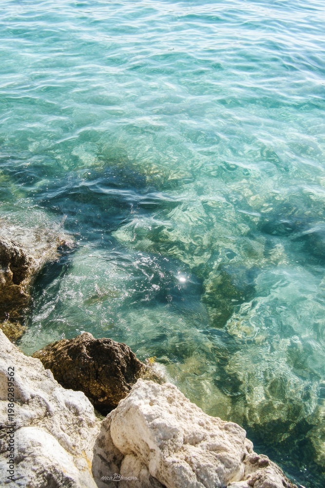 Obraz premium Clear blue water meets rocky shore with sunlight reflecting on the surface near the sea in a coastal location