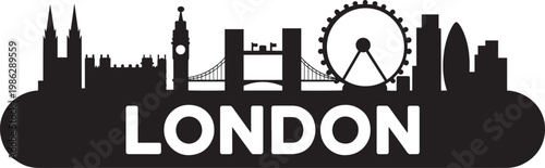 London skyline vector illustration with iconic landmarks and city name with city silhouette