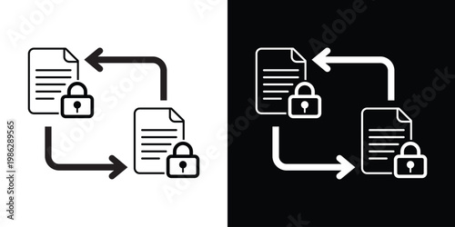 Secure file exchange icon featuring documents with open padlocks and directional arrows, representing data encryption, privacy protection, and authorized information sharing.