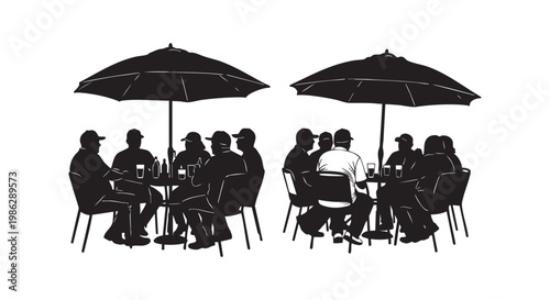 Groups of people sitting at outdoor cafes under umbrellas, enjoying drinks and conversation, summer patio scene.