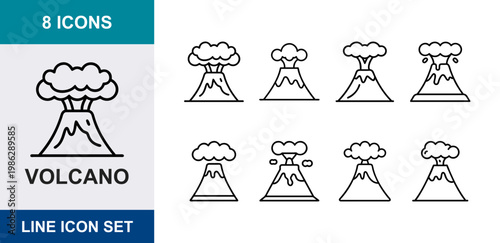 8 Volcano linear icons eruption smoke lava mountain magma crater ash cloud, UI and web interface design