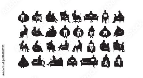 Large set of people silhouettes sitting in different chairs and sofas using laptops and tablets vector illustration.