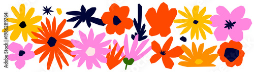 Naive art style collage of big colorful blossoms and tiny dark plants.