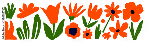 Orange flower collage with leaves, paper cut out style vibrant botanical set.