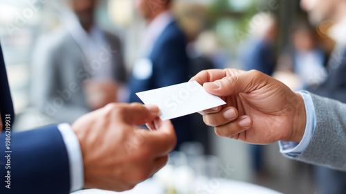 close-up of hands exchanging business cards after successful product demo, B2B networking concept, elegant conference setting, ultra realistic