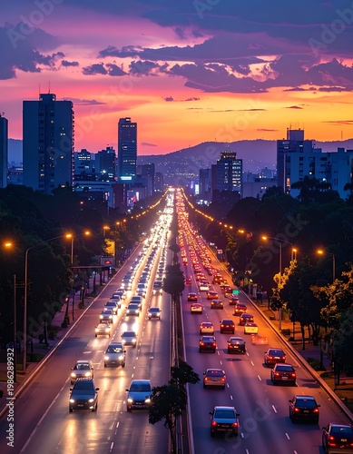 City highway sunset traffic
