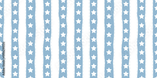 Seamless pattern with vertical stripes and small stars. Ideal for kids products, textiles, wrapping and decor.