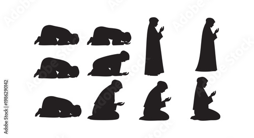 Muslim people praying in various poses vector illustration, set of traditional Islamic worship gestures.