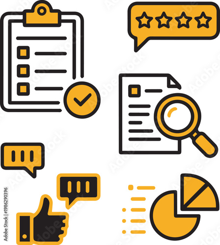 Business Feedback and Data Analysis Icon Set – Survey, Review, Research, and Analytics Vector Graphics