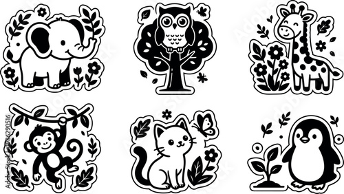 Black and white line art cute animals with floral elements elephant owl giraffe monkey cat and penguin vector