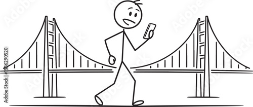 Stick figure man walking on a suspension bridge while looking at his phone with a worried