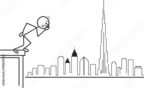 Stick figure on edge of building looking at city skyline illustration with white background