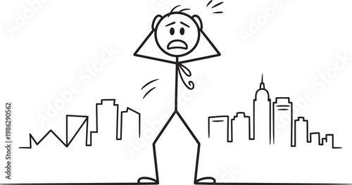 Stick figure person feeling stressed and anxious in a busy city urban skyline outline