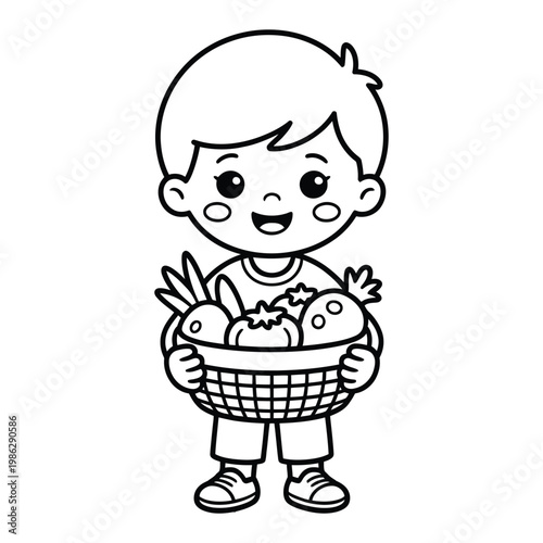 A cheerful young boy proudly displays a bountiful basket of fresh produce silhouette