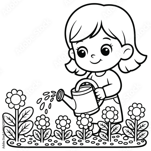 A young girl cheerfully waters blooming flowers in a garden outlined in silhouette