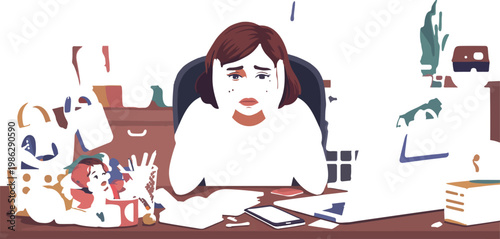 Illustration of overwhelmed woman sitting at messy office desk feeling stressed with workload and housework.