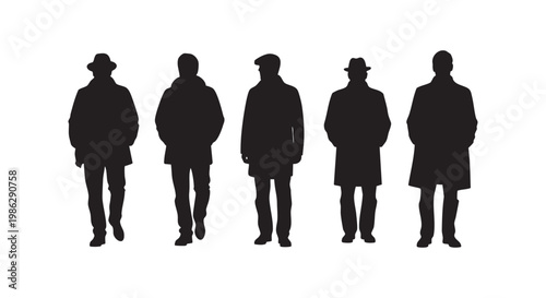 Silhouettes of five men in trench coats and hats standing in a row against a white background.