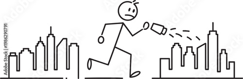 Stick figure running through a city at night with a flashlight in hand with black and white