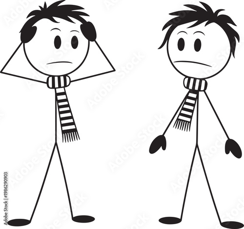 Stick figures with, set of 2, scarves looking stressed and worried, vector illustration