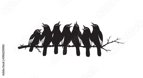 Silhouettes of seven birds perched on a branch singing together against a white background.