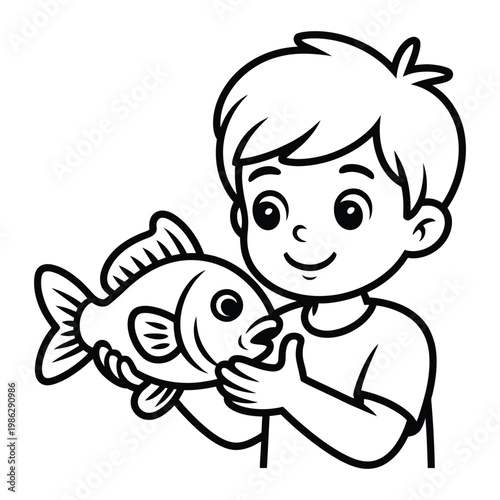 A young boy proudly displays a caught fish in this black and white silhouette