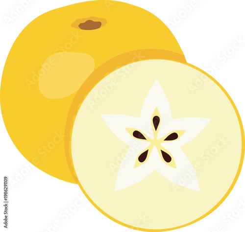 Yellow fruit cut in half with star shaped center and seeds