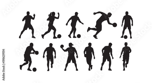 Soccer and handball player silhouettes set on white background, group of men and women playing, isolated vector illustration.