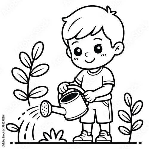 A young boy cheerfully waters a small plant with a watering can silhouette