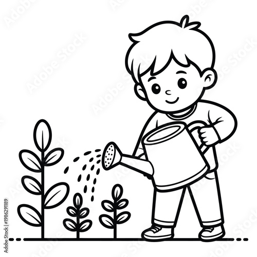 A young boy cheerfully waters a small garden of plants a charming silhouette