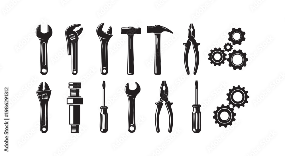 Obraz premium Various hand tools and mechanical gears, repair and construction equipment for workshop or industrial use.