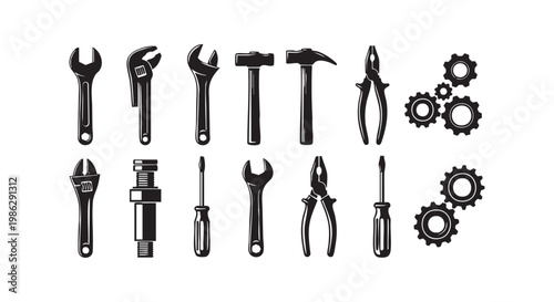 Various hand tools and mechanical gears, repair and construction equipment for workshop or industrial use.