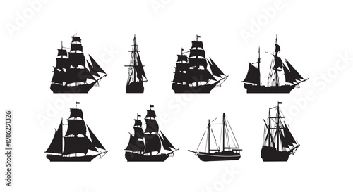 Vintage sailing ships silhouettes collection featuring historical tall ships and nautical vessels vector illustration.