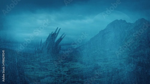 Scifi Landscape Alien Structure In Lightning Storm
