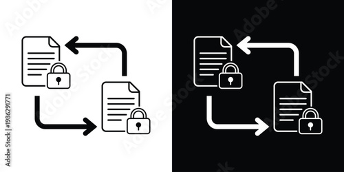 Secure file exchange icon featuring documents with open padlocks and directional arrows, representing data encryption, privacy protection, and authorized information sharing.