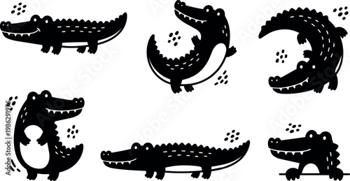 Black and white cartoon crocodiles in various playful poses vector illustration