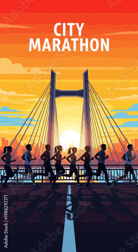 Vibrant City Marathon Illustration Featuring Runners on a Suspension Bridge at Sunrise