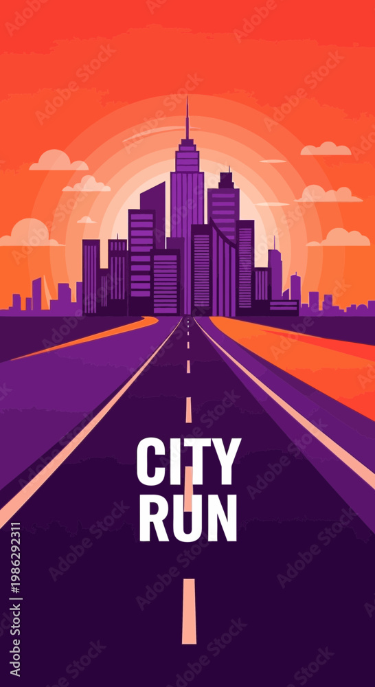 Fototapeta premium Vibrant Cityscape Illustration Depicting a Runner's Journey Towards a Modern Metropolis