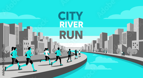 Vibrant Cityscape Depicting Runners Enjoying a Riverfront Marathon Event