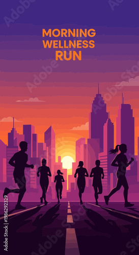 Vibrant Cityscape Sunrise Silhouette Runners Achieving Morning Wellness Goals